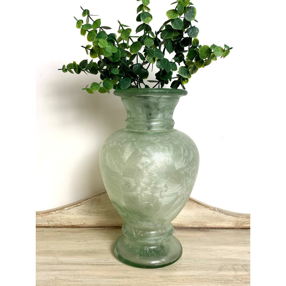 Vintage Frosted Green Glass Vase Large Celadon Textured Footed Urn 11.75 Tall